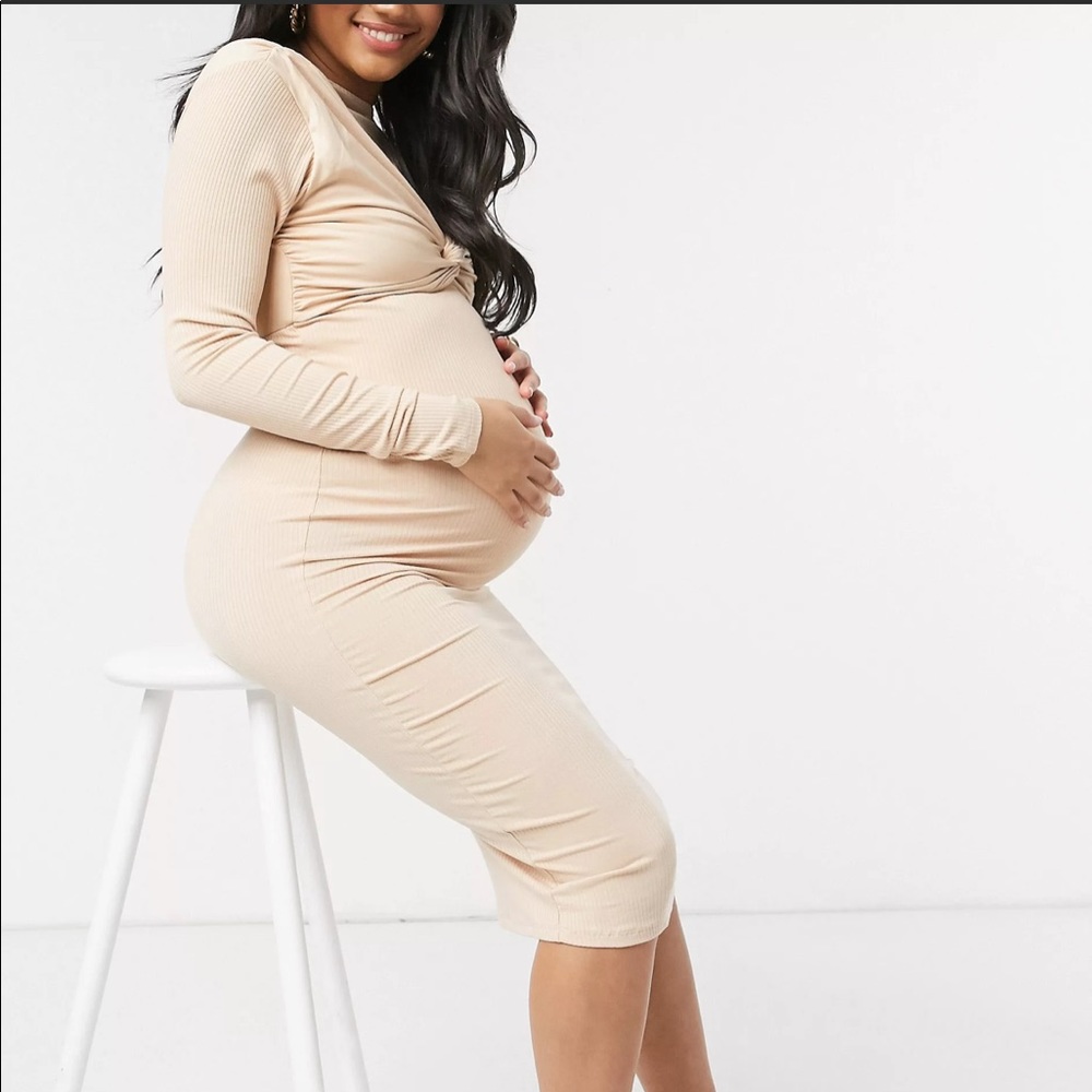 ASOS DESIGN Maternity rib long sleeve midi dress w twist front in beige | Size 6